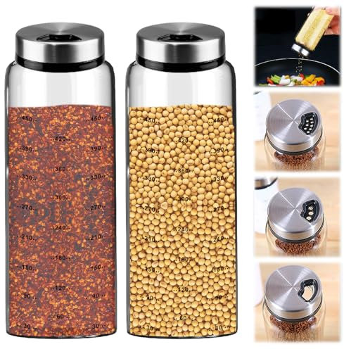agctrler 500 ml Spice Jars with Twist Lid, Pack of 2 Borosilicate Glass Spice Shakers, Spice Shaker with 3 Types Stainless Steel Spice Holes, Suitable for Kitchen, Dining Room, Barbecue, Outdoor