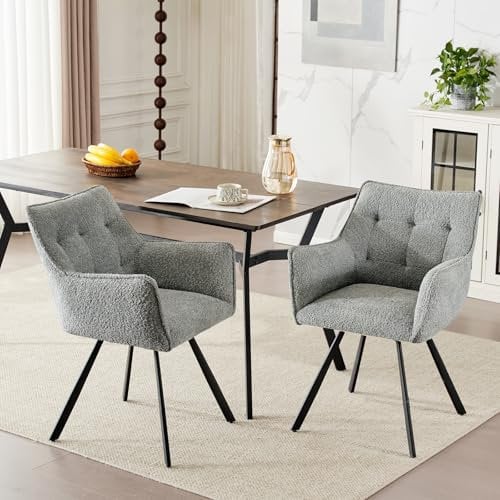 Ckaff Drehbare Esszimmerstühle 2er Set, Küchenstuhl mit Armlehne Rückenlehne, Polsterstuhl Armlehnstuhl mit Metallbeinen Loungesessel für Wohnzimmer, Esszimmer, Schlafzimmer, Lesee, Grau