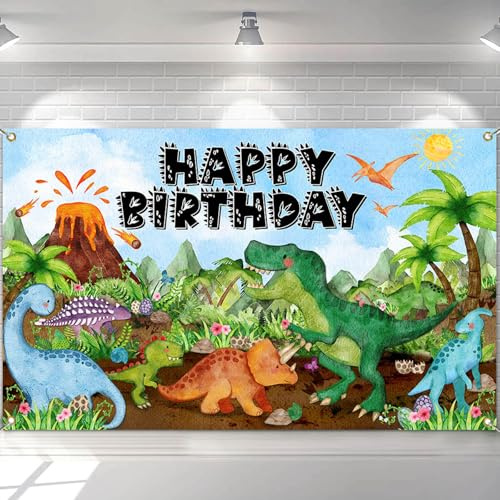 Avezano Banner de fondo de cumpleaños de dinosaurio para niño, dibujos animados, dinosaurio, fiesta de cumpleaños, decoración para niños, temática de dinosaurio jurásico, suministros de fiesta, 70.8 x