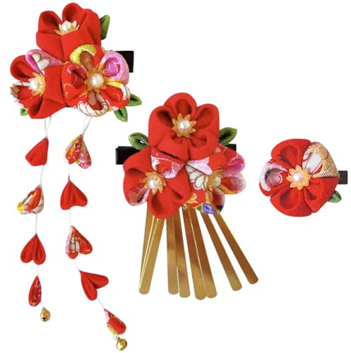 Umibow Lot de 3 pinces à cheveux japonaises en forme de fleur kimono - Épingles à cheveux de style japonais traditionnel Tsumami Kanzashi - Accessoires de cheveux de mariage pour femme