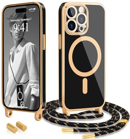 Wirvyuer Handyband Kompatibel mit iPhone 15 Pro(6.1) Hülle mit Band Magnetische Handyhülle Kameraschutz Galvanik Silikon Schutzhülle mit Kordel Case zum Umhängen für iPhone 15 Pro Schwarz
