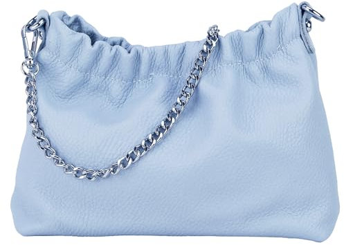 SH Leder Echtleder Umhängetasche Clutch kleine Tasche Abendtasche Alltagstasche mit Silberne Kette 23x14cm Elke G355 (Hellblau)
