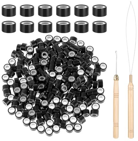 200 Pcs Hair Extensions Beads 5mm Silicone Lined Nano Rings Hairs Bead with Plier Pulling Hook Needle Bead Device Tool Kits for Professional Micro Hairs Extensions Salon Stylist(Black)