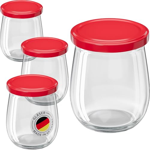 WELLGRO 12x Einmachgläser mit Schraubdeckel - 417ml - Deckel To 82 rot - Made in Germany - Vorratsgläser mit Deckel, Gärglas, Dessertgläser