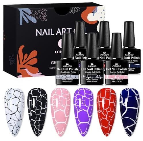 MSRUIOO 6 Farben Crackle Gel Nagellack Lila Schwarz Dunkelrot Grün Rosa Soak Off UV Led Magics Cracked Nagellack für Frauen und Mädchen