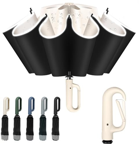 Vicloon Paraguas Plegable, Gran Paraguas de Viaje con Asa de Mosquetón, 10 Varillas/Antiviento/Protección UV/Apertura y Cierre Automático/Mujeres y Hombre (Beige)