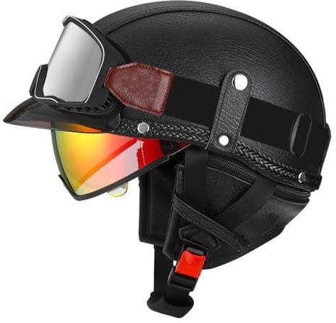 Caschi Jet E Demi-Jet Moto Pelle Casco Aperto Vintage Omologato ECEDOT Casco Da Motociclista Caschi Cromwell Per Donna E Uomo Con Visiera Parasole Casco A Scodella 5,M:57-58CM