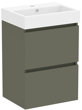 Baikal Meuble de Salle de Bain Mini. Meuble monté avec 2 tiroirs Suspendus avec lavabo. Armoire de Salle de Bain. Lavabo en céramique, 45 cm, Vert Mousse.
