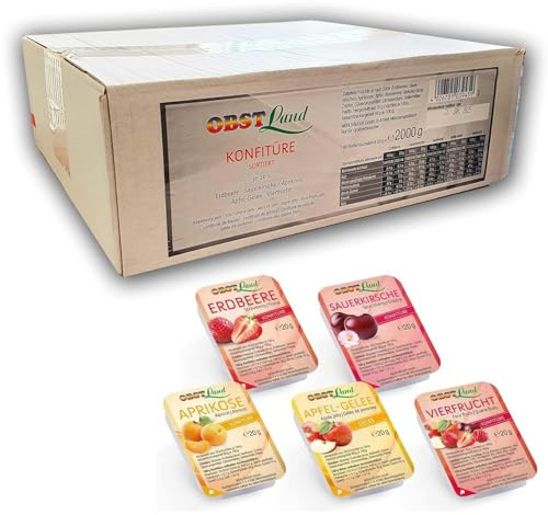 Obstland Konfitüre kleine Portionen 5-fach sortiert 100 x 20g | Marmelade in Portionspackungen für Gastro | Erdbeer, Aprikose, Kirsche, Apfel-Gelee & Vierfrucht | Für Gastronomie, Hotels, Imbiss