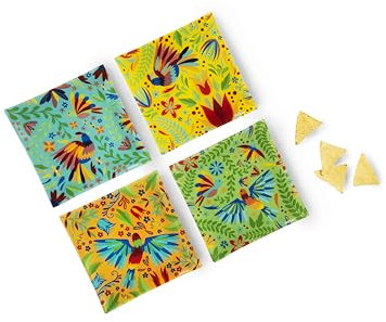 Excelsa Mexican Flowers Set 4 Piatti Quadrati in Vetro, Decorati con Motivi Floreali Messicani
