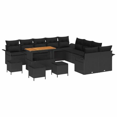 vidaXL 14-teiliges Garten-Sofa-Set mit Kissen in Schwarz aus Poly Rattan und Akazie – modernes Outdoor-Möbel für die Lounge, perfekt für den Patio im Sommer im minimalistischen Stil.