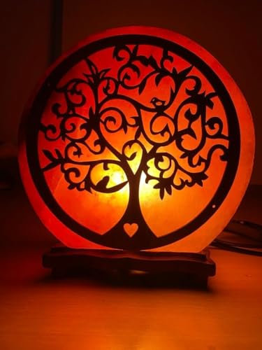 Elkoza Handmade Wood Silhouette Natural Healing IONES Therapeutic 100% Pure Himalayan Pink Crystal Salt Lamp Fine Quality with Dimmer Switch (Tree of Life Heart Salt Lamp, Himalayan 3D Salt Lamp)