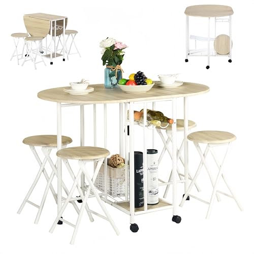 ZECIIYE Esstisch-Set mit 4 Stühlen, klappbarer Küchentisch mit Klappstühlen, Holz MDF und Metall mit Aufbewahrung für Weinregal, für kleine Räume, Küche Bistro (Eiche Natur)