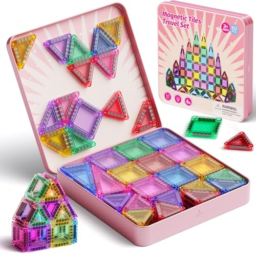 Magnetische Bausteine Reisespielzeug: 60-Teile Mini Set mit Metallbox | 45 Min. leise Beschäftigung für Auto & Flugzeug – STEM Magnetspielzeug – Geschenk für Jungen & Mädchen ab 3-8 Jahren