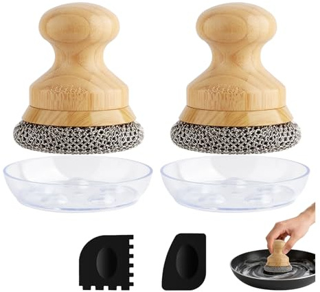 Scrubber for Cast Iron Pan, Pot Cleaner with 2 Scrapers,Chain Mail Cleaning Brush for Dishes, Pots, Pans, Griddles, Grills(Small Chain Mail,2pcs)