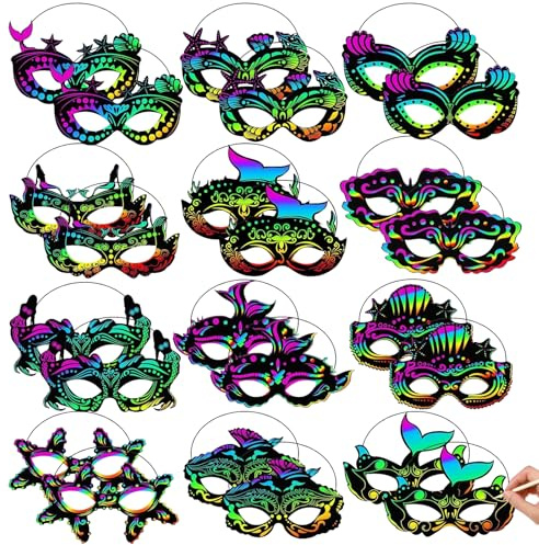 Masken Kratzbilder für Kinder, 24 Stück DIY Papiermasken zum Dekorieren von Kindern Lustige Magie Scratch Art Masken Craft Kit für Geburtstag Cosplay Themenparty
