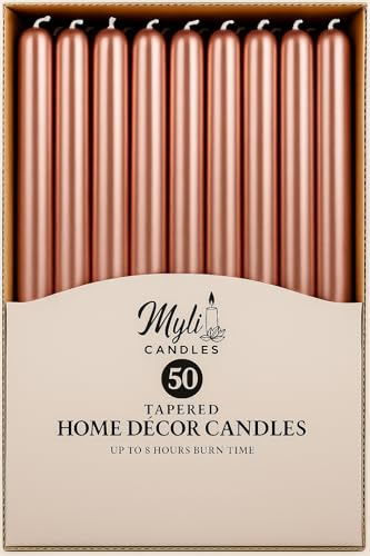 MyLight 10-Inch Taper Candles Unscented Wax Pack of 50-8 Hour Burn Time Sleek Tall Candles for Home Decor, Christmas Celebrations & Dining (50, Metallic Rose Gold)