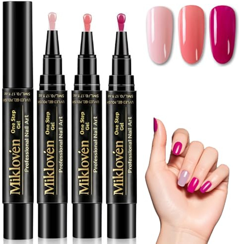 3-in-1 Gel Nail Polish Pen Set, Quick-Dry UV-Cured Gel Formula, 3 Colors Coral Pink, Nude & Rose Red, Easy-to-Use Portable Nail Art Pens for Women, Girls, Salon & DIY Manicure