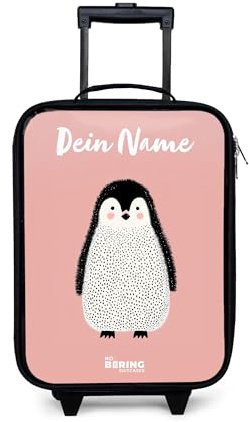 NoBoringSuitcases© Kinderkoffer Klein Personalisiert mit Name Reisekoffer | 48x31x19 cm - Kleine Kinder Koffer Luggage mit LED Rollen Suitcase Pinguin - Punkte - Rosa