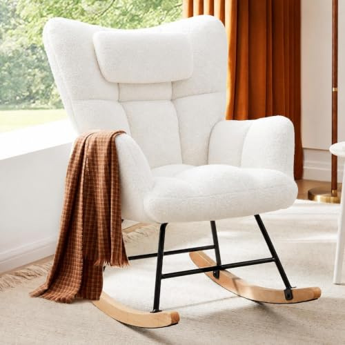 RBFGYIOP Soft Rocking Chair with Wide Backrest, High Back Nursery Glider | Comfortable Nursing Chair with Armrests, Neck Pillow, Teddy Fabric, Metal Legs & Solid Wood Base, for Relaxing