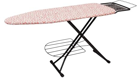 Relaxdays Bügelbrett für Dampfbügeleisen, 110 x 33 cm, höhenverstellbar, klappbar, Ablage, Bügeltisch Blumen, weiß-rosa