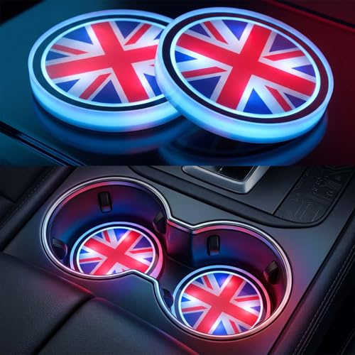 2PCS Led Cup Holder Lights for Car Union Jack UK Flag Style | Led Car Coasters 7 Color-Changing Luminescent Light Cup Pad, Charging Cup Mat Car Gadgets Decoration Atmosphere Light