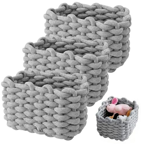 3 Stück Aufbewahrungskorb Baumwolle - Grau Geflochten Körbchen Aufbewahrung, 18x14x13cm Körbchen Aufbewahrungskorb, Dekor Häkelkorb Geflochtener Korb für Schränke, Küche, Schreibtisch, Schminktisch