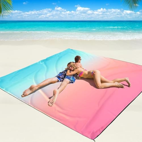 OUGEP Stranddecke Sandfrei, Picknickdecke Wasserdicht Überdimensioniert Strandtuch Strandmatte 4 Befestigung Ecken für den Strand, Wandern, Campen und Outdoor (280 x 300 cm)(Gradienten Rosa Grau)