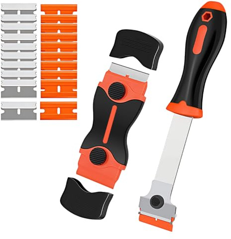 Scraper Tool Set, Long & Short Cleaning Scrapers with 20 Heads,2 Pcs | Long and short handles, dual plastic and metal edges, easy blade replacement, multi surface safe