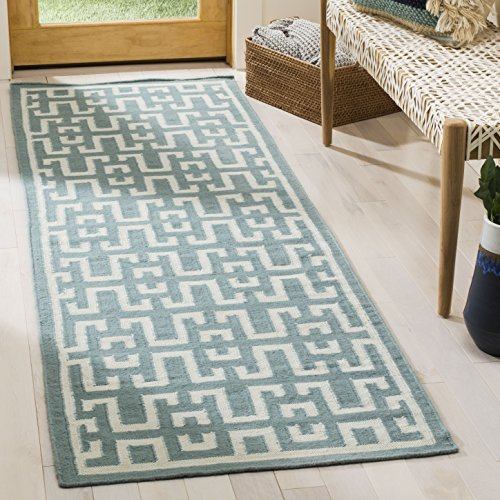 SAFAVIEH Dhurries Collection Runner Rug - 2'6 x 8', Seafoam & Ivory, Handmade Flat Weave Wool, Ideal for High Traffic Areas in Living Room, Bedroom (DHU621A)