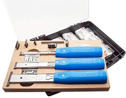 RALI Multifunktionaler Haifisch Profi Holzbeitelsatz für Holzbearbeitung | 3 Adapter + 9 austauschbare Klingen + 1 Schaber + 1 HSS 50mm Ziehklingen | Holzbeitel für Schnitzen, Schaben und Schneiden