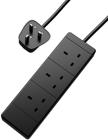 rhinocables 3 Gang Extension Lead for 3 Pin UK Plugs, 13 Amp 3 Way Extension Lead, Long Extension Cable, (10m, Black)