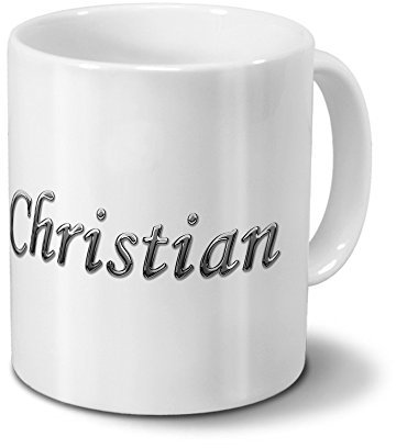 printplanet Tasse mit Namen Christian - Motiv Chrom-Schriftzug - Namenstasse, Kaffeebecher, Mug, Becher, Kaffeetasse - Farbe Weiß