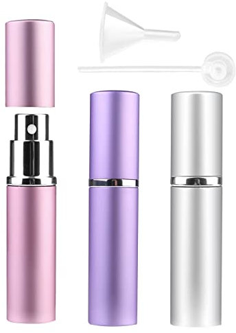 Zingso Refillable Travel Perfume Atomiser Bottles, 3 Pcs 6ml, Mini Portable Spray Bottles for Perfume Aftershave, Empty Travel Bottles with Funnel (Pink+Silver+Purple)