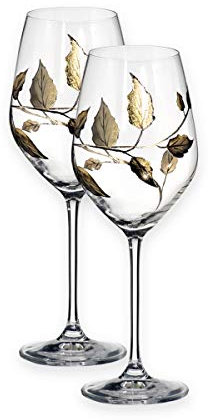 Quality Gold Leaf Tendril Design Red/White Wine Glass Pair - Mouth Blown/Hand Decorated Glass - Ideal Golden Anniversary 50th Wedding Gift - 23.5cm