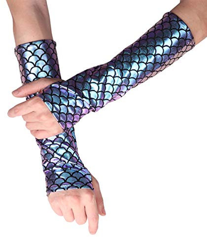 Freebily Halb Fingerlose Handschuhe Glänzend Meerjungfrau Fischschuppen gedruckt lange Handschuhe Armstulpe Karneval Musikfestival Tanzen Kostüm Zubehör Blau & Lila One Size
