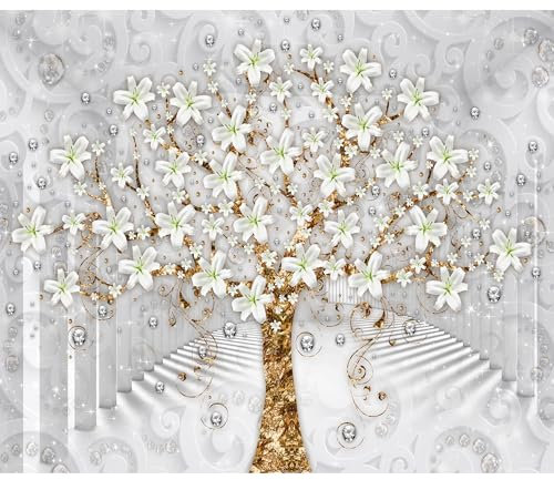 decomonkey Fototapete Blumen Baum 400x280 cm XL Tapete Fototapeten Vlies Tapeten Vliestapete Wandtapete moderne Wandbild Wand Schlafzimmer Wohnzimmer Gustav Klimt Lilien Ornament