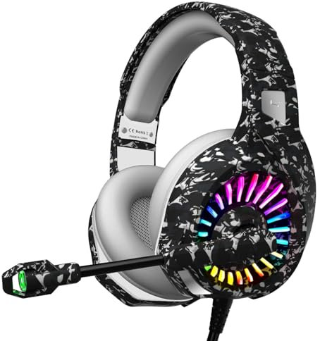 ZIUMIER Auriculares para Juegos con Micrófono, Cascos Gaming con Conector de 3,5 mm, Cancelación de Ruido, Graves Estéreo, para PS4, PS5, Xbox One, PC, Mac, Smartphone (Gris Camuflaje)