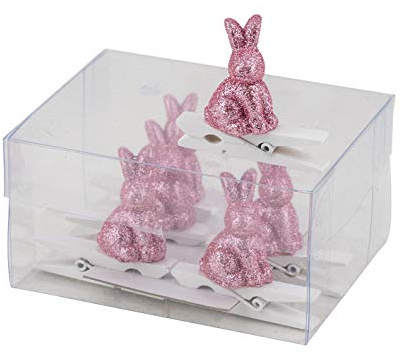 Gehlmann lustiger Oster-Dekoclip Hasenclip Oster-Deko Hase pinkfarbener Glitzer auf weißer Holzklammer Preis für 6 Stück