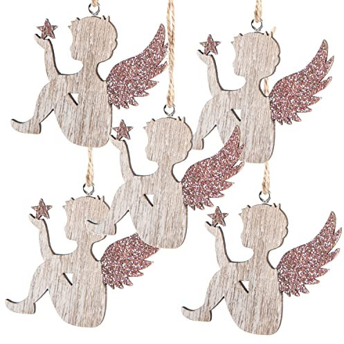 Logbuch-Verlag 5 Engel Anhänger mit Schnur Holzengel zum Aufhängen Baumschmuck 7 cm Weihnachten Deko rosa glitzernd