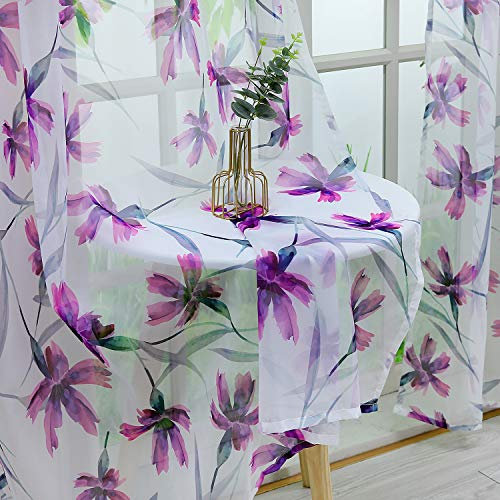 Delien Voile Schiebegardinen Lila Blumen Bauhinia-Muster Vorhang Fensterschals Transparenter Gardine mit Kräuselband Wohnzimmer Flächenvorhänge (1er-Pack, je H/B: 145/140 cm)