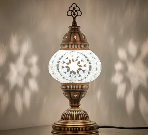DEMMEX Lampe de chevet faite à la main en mosaïque en verre coloré avec base en laiton antique, petite taille 30 x 14 cm (Live in The Moment)