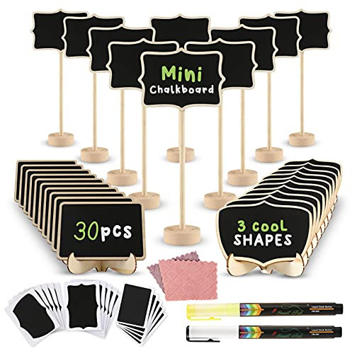 Tischkarten Kleine Tafeln mini Karten Set 30x Stehende Kreidetafel mit Löschbar Kreidemarker, Tafeletiketten, Putzlappen für Preisschilder Bäckerei, Café, Hochzeitstisch, Festtafel, Küche Dekoration