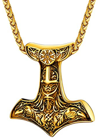 U7 Amulet Gold Necklace Thor Hammer Viking Pendant Mens Jewellery