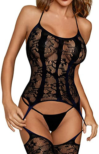 UMIPUBO Lenceria Mujer Sexy Ropa Interior Mujer Body de Encaje Conjunto de Medias de Malla de una Pieza con Cuello Halter Babydoll (Negro,Talla única)