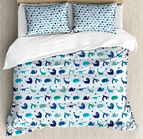Ambesonne Cartoon Dino Duvet Cover Sets, Continuous Dinosaurs and Geometric Shapes in Blue Tones, Bedding Set with 2 Duvet Covers 4 Pillowcases, 2 Pack Cal King Size, Pale Blue Multicolor