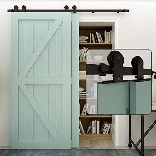 BONIKLUBA 244cm Single Track Bypass Barn Door Hardware Sliding Door Kit Bypass for 115cm Wide Interior Double Doors (T Roller Hangers)