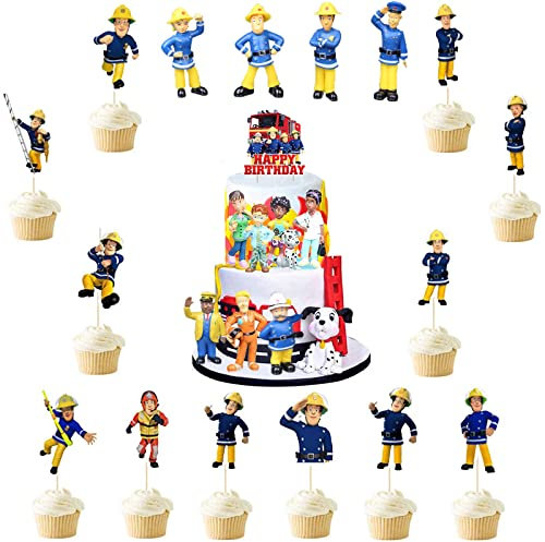 Gloryit Feuerwehrmann Sam 12pcs Feuerwehrmann Figuren Geburtstag Deko Sam Cake Figuren Feuerwehrmann Geburtstagsdekoration mit Banner Partydekoration Kuchendeko für Kindergeburtstag Kinder Party
