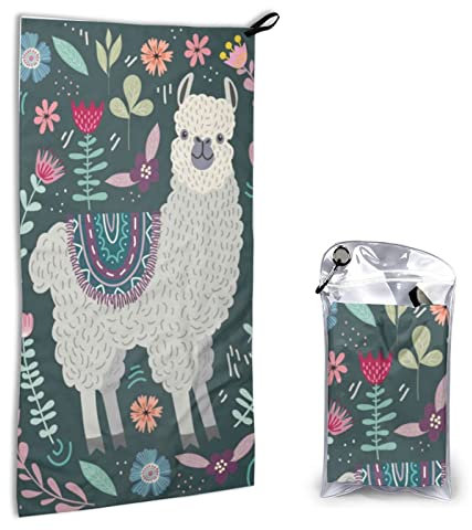 Schnell trocknendes Handtuch mit Tasche – süßes Lama-Blumenmuster, super saugfähiges Gesichtstuch aus Mikrofaser, Reise-Sport-Handtücher, 40 x 80 cm