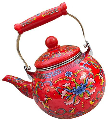 BESTonZON Emaille Teekanne Wasserkessel Teekessel Wasserkocher Kaffeekanne Tee Servierkanne Pfeifkessel mit Teesieb Griff für Nachmittagstee Teeparty Zuhause Büro Dekoration Geschenk 2.2l Rot
